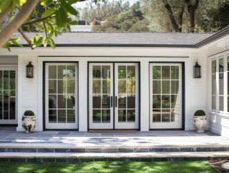 a white house with glass doors and a patio